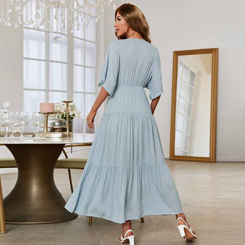 Robe à col en V et manches chauve-souris pour femme