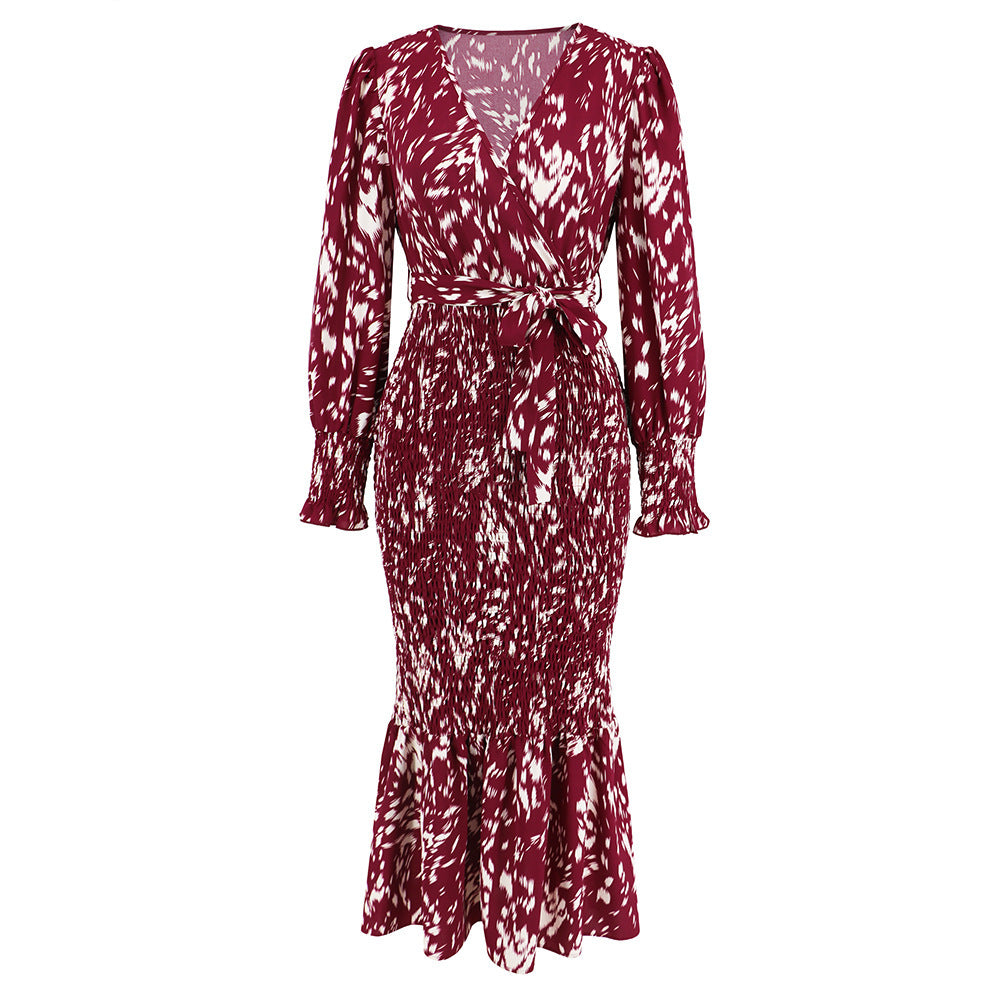 Robe imprimée coupe ajustée à col en V et ceinture, longue queue de poisson, populaire