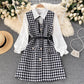 Women's Puff Sleeve Shirt Houndstooth Suspender Dress