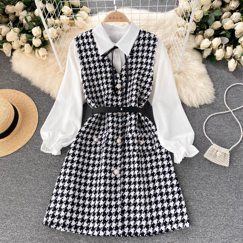 Women's Puff Sleeve Shirt Houndstooth Suspender Dress