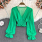 V-neck Cross Slim Fit Polka Dot Chiffon Shirt Western Style Waist-slimming Short
