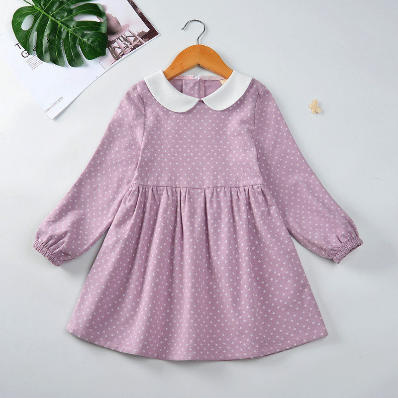 Cotton Cute Doll Collar Long Sleeve Pleated Princess Dress