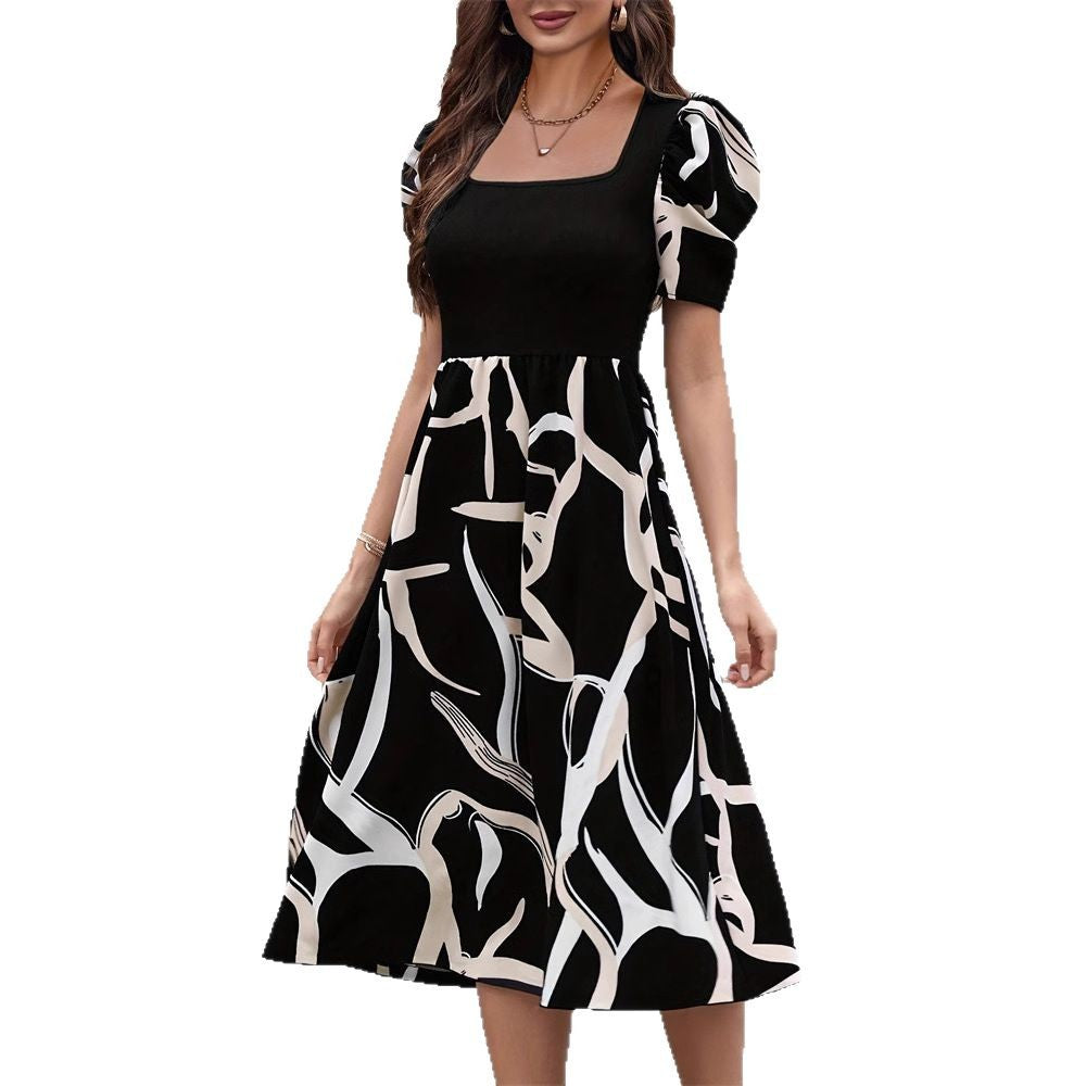 Commuting Knit Printed Stretch Square Neck Slim Short Sleeve Puff Sleeve Dress