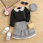 Ensemble trois pièces pour fille, haut à manches longues en tricot avec col en dentelle, jupe courte en dentelle à carreaux avec chapeau