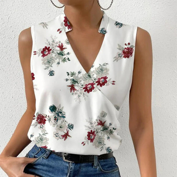 T-shirt d'été sans manches à col en V et imprimé décontracté pour femme