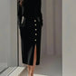 Long-sleeved Round Neck Waist-tie Button-decorated Slit Women's Dress