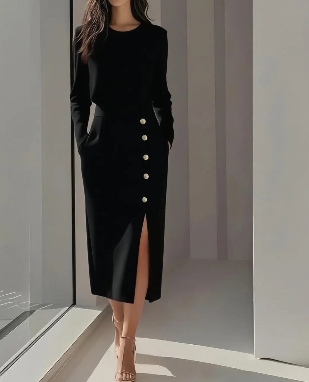 Long-sleeved Round Neck Waist-tie Button-decorated Slit Women's Dress