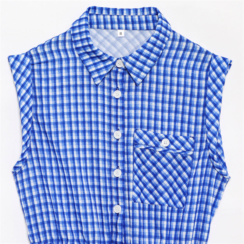 Plaid Simple Sleeveless Lapel One-piece Shorts