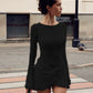 Solid Color Round Neck Long Sleeve Pleated Twist Slim Fit Dress