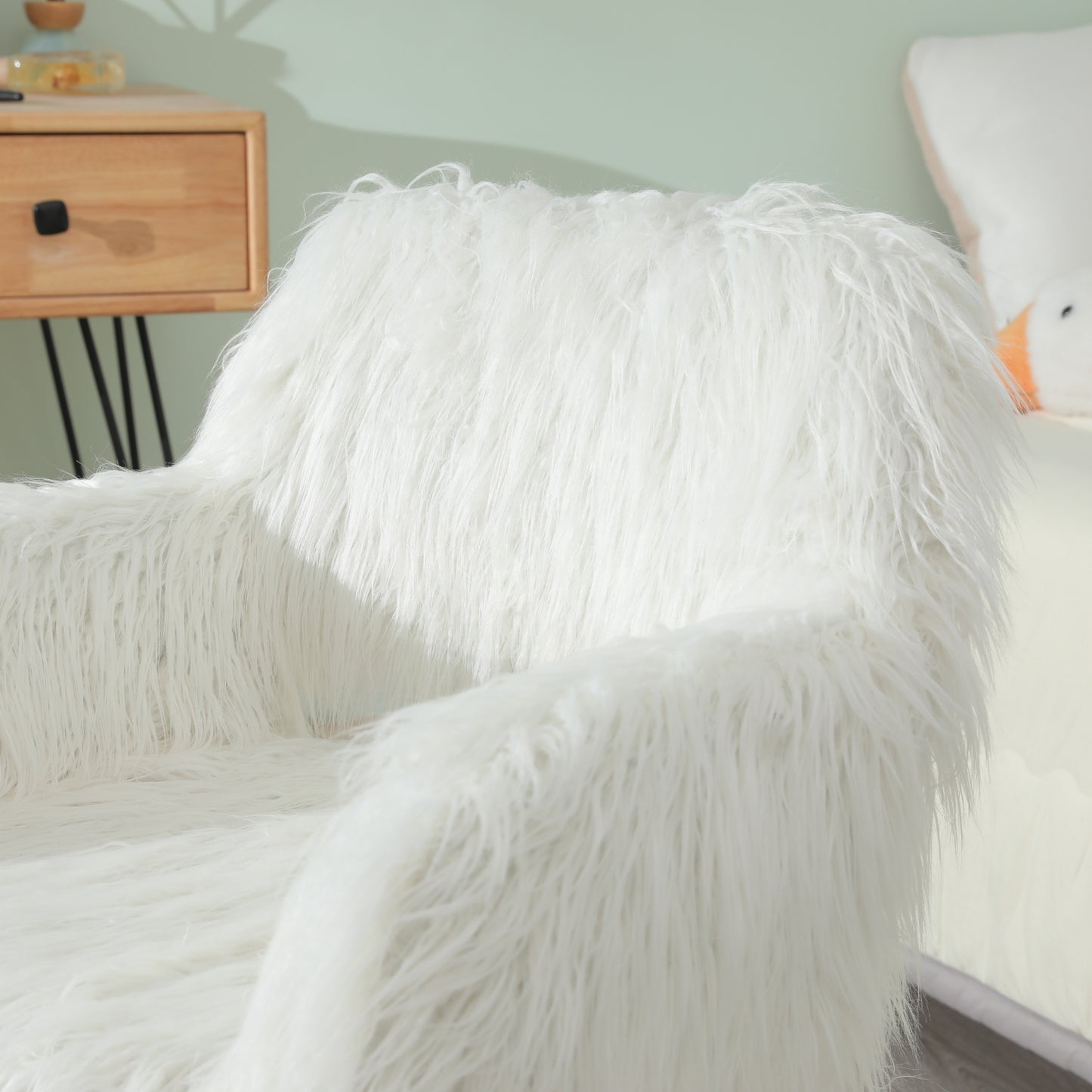 WHITE Faux Fur Upholstered Make Up Chair Side Dining Chair With Metal Leg WHITE Beech Metal Leg