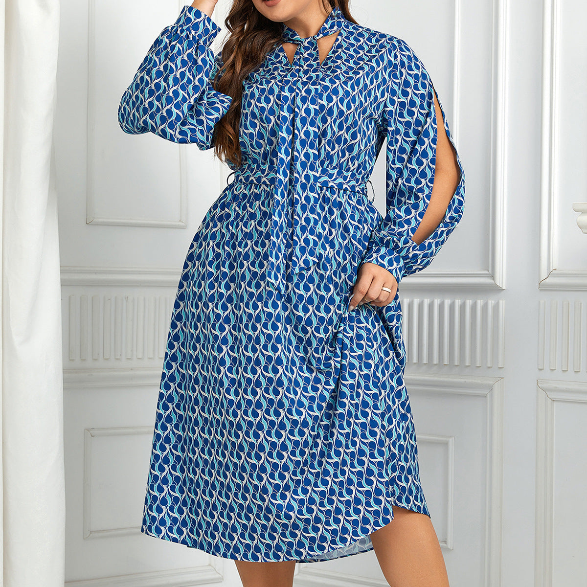 Robe à manches longues bouffantes à imprimé taille haute, style européen et américain
