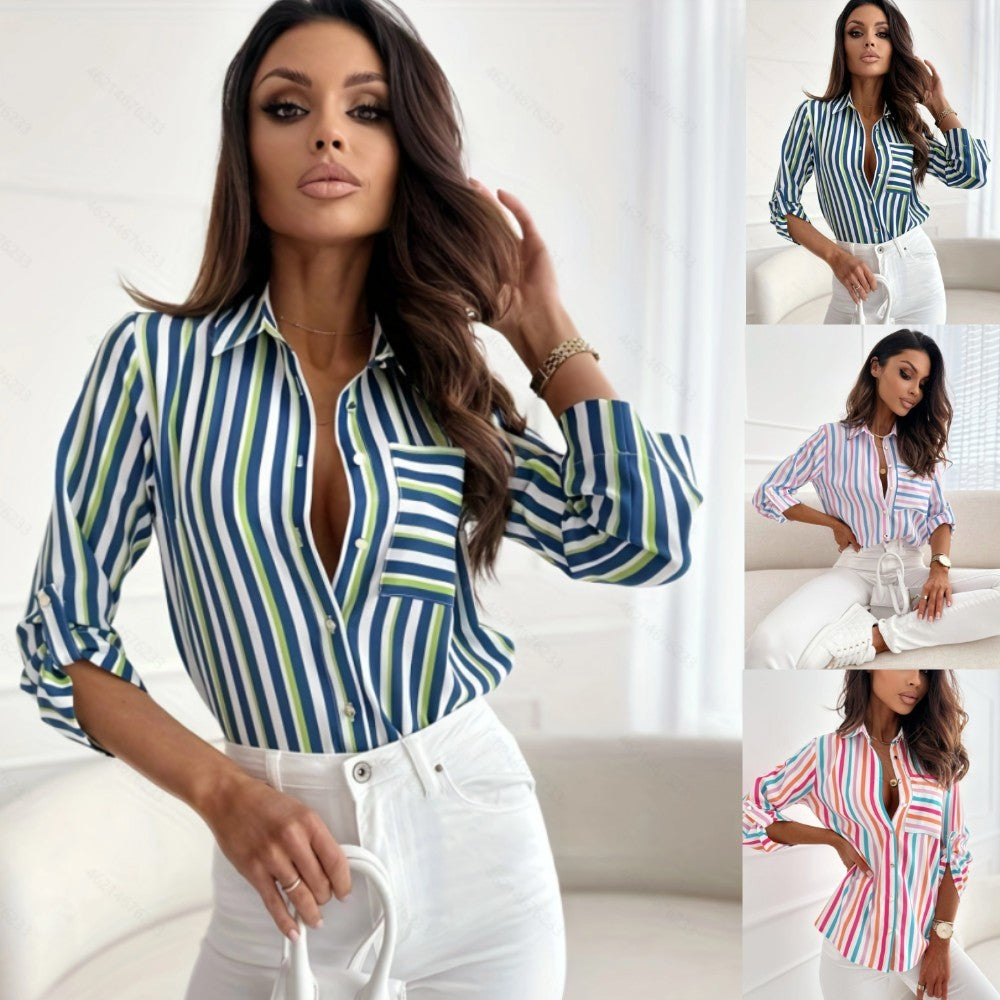 Chemise imprimée à rayures et poches à col en V pour femme