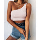 Solid Color Low-Cut Sleeveless Umbilical One-Shoulder Halterneck Vest