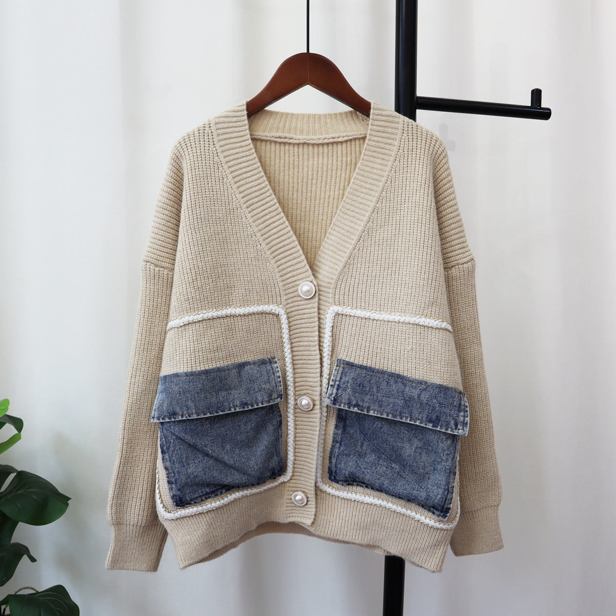 Cardigan tricoté à poches en jean, design ample, tempérament polyvalent, pull-over