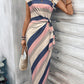 Striped Printed Crew Neck Short Sleeve Long Dress With Bow Detail