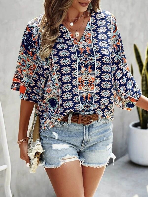 Women's Bohemian Print Button Detail Shirt