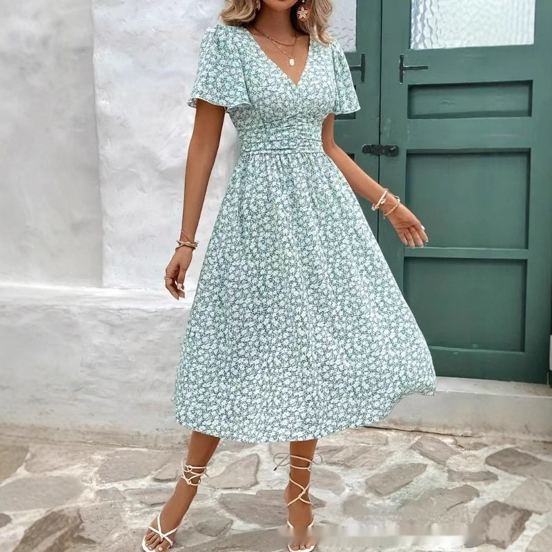 Summer Floral Puff-Sleeve V-Neck Dress