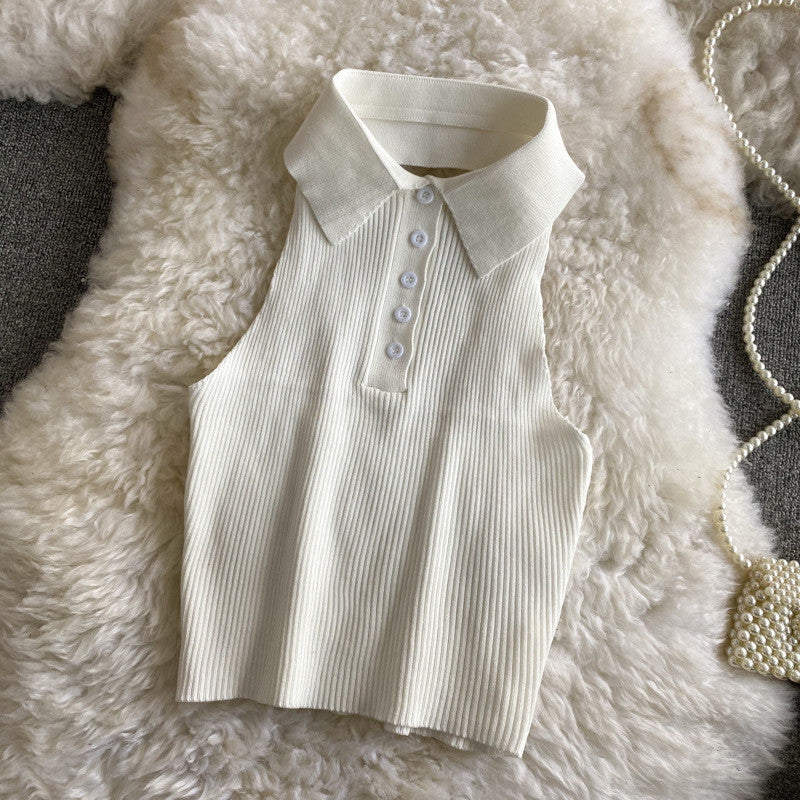 Pure Color Polo Collar Halter White Camisole