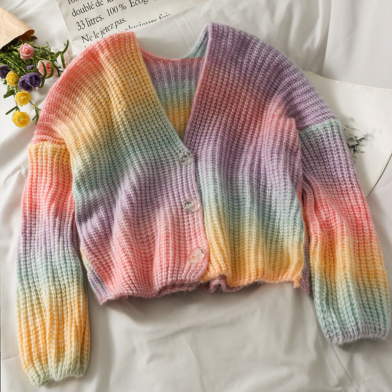 Gradient Three Button Loose And Thin Short Knitted Jacket