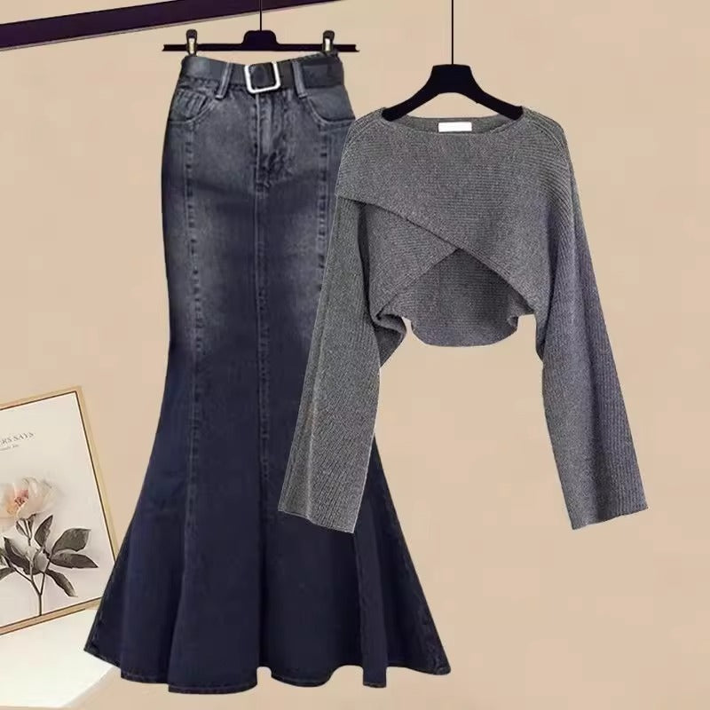 Autumn Elegant Women's All-matching Long Sleeve Top Fishtail Skirt Two-piece Suit