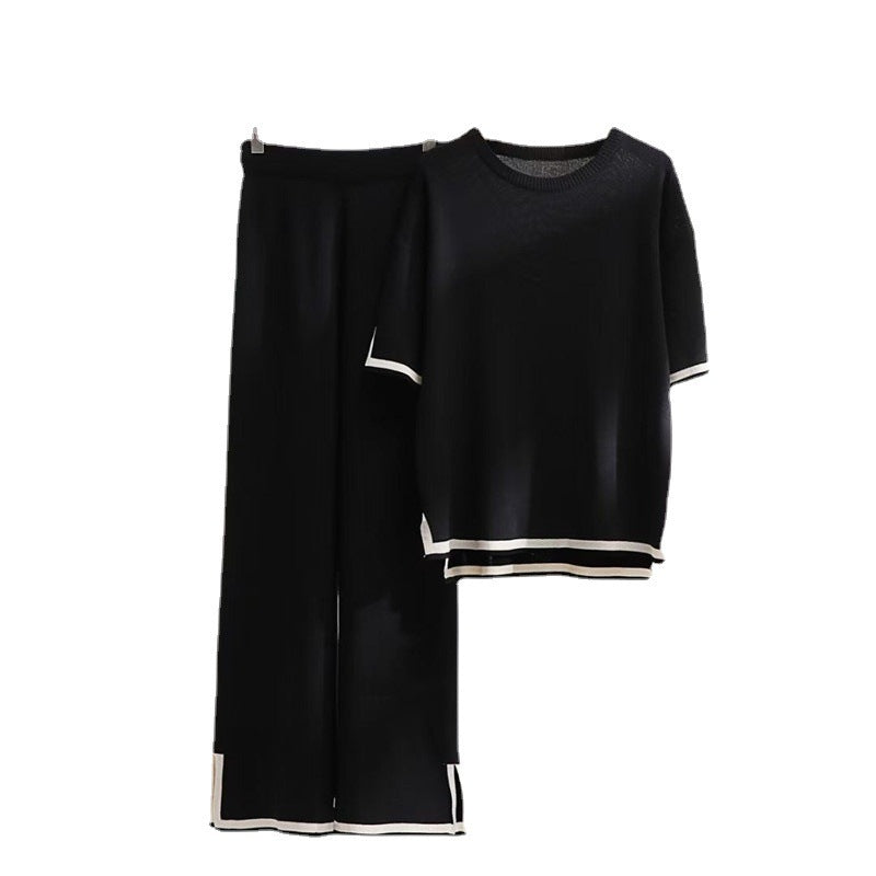 Pull ample patchwork avec haut à manches courtes et pantalon fendu, ensemble en tricot