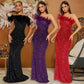 Robe de soirée sexy noire à paillettes et plumes pour femme