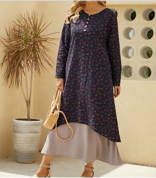 Long Sleeve Fake Two-piece Printed Dress