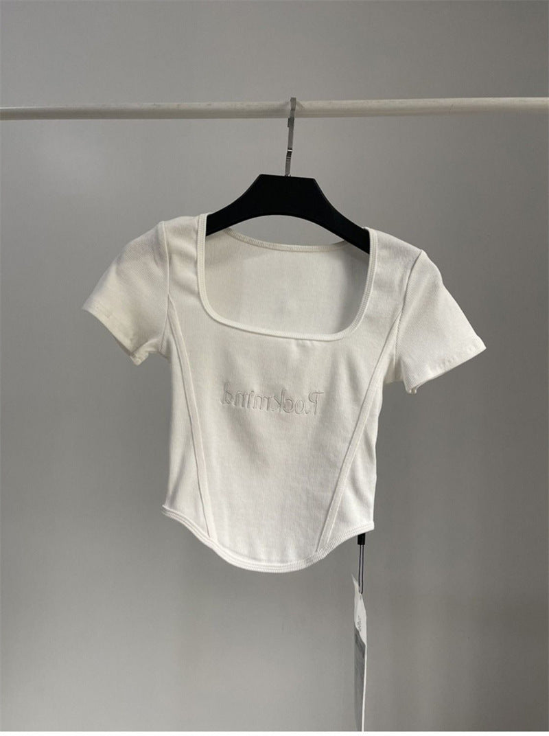 T-shirt court taille haute pour femme, haut court et sexy, moulant, à manches courtes et ourlet incurvé, été