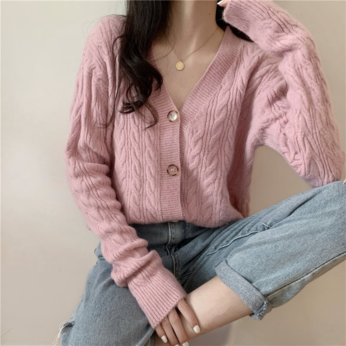Loose Short White Twist Sweater Coat