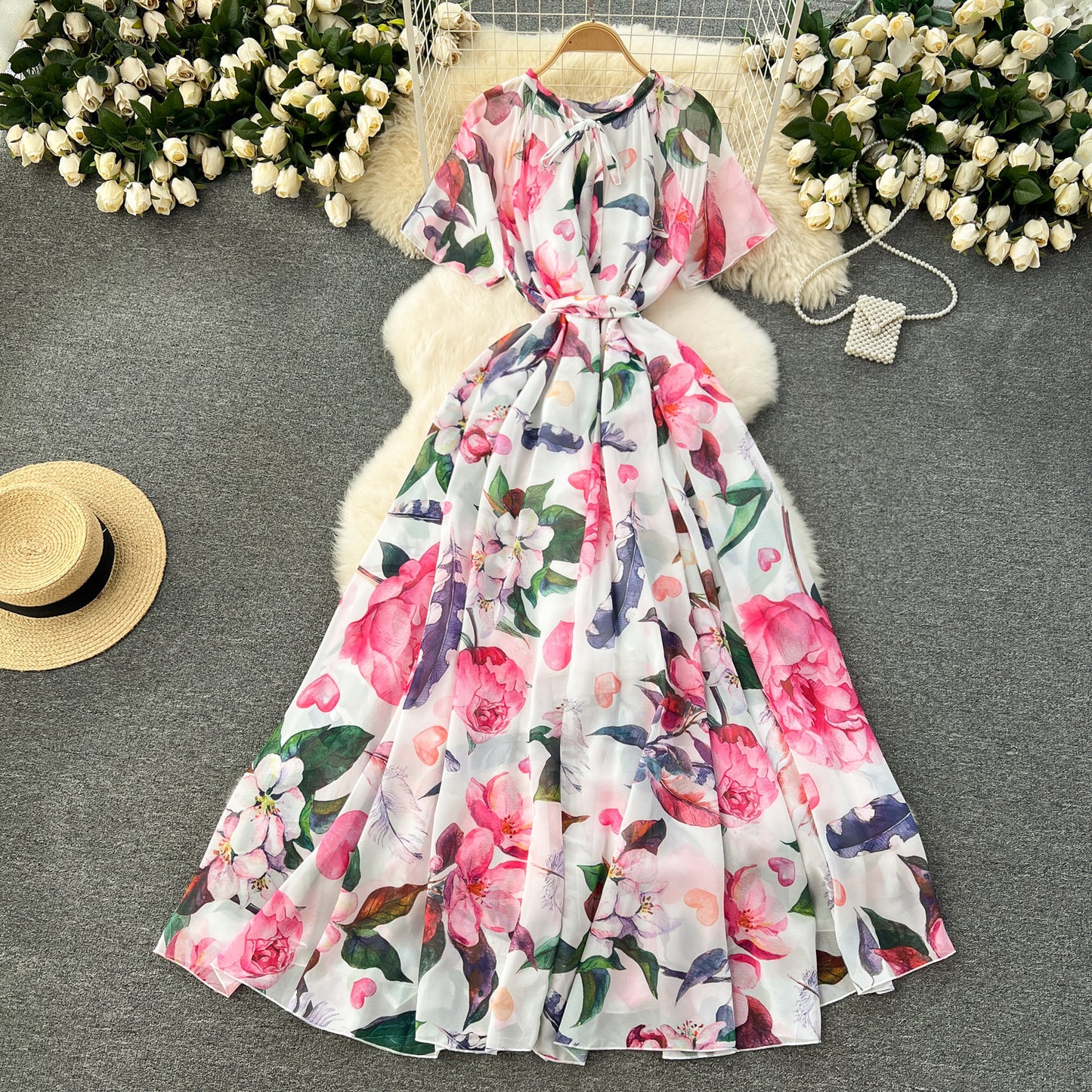 Printed Lace Up Waist-tight Dress