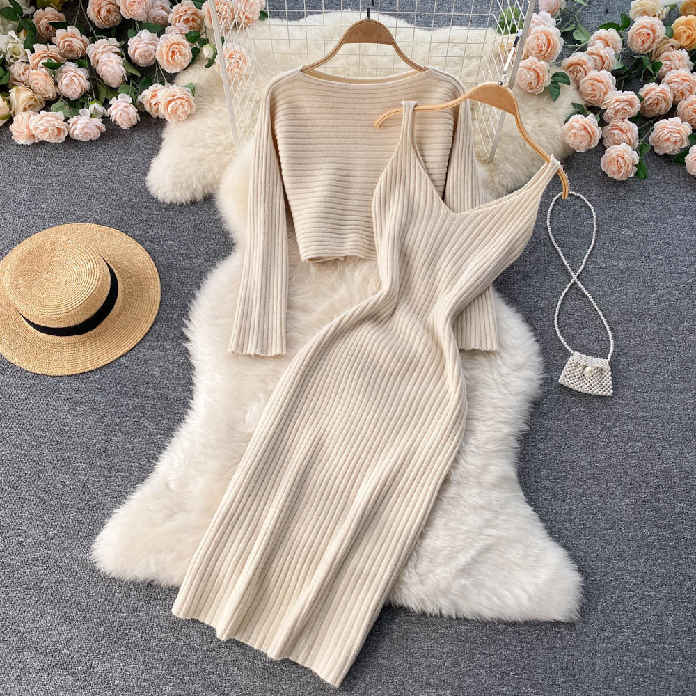 Vintage Cropped Top Sling V-Neck Dress Stacked Two Piece Suit