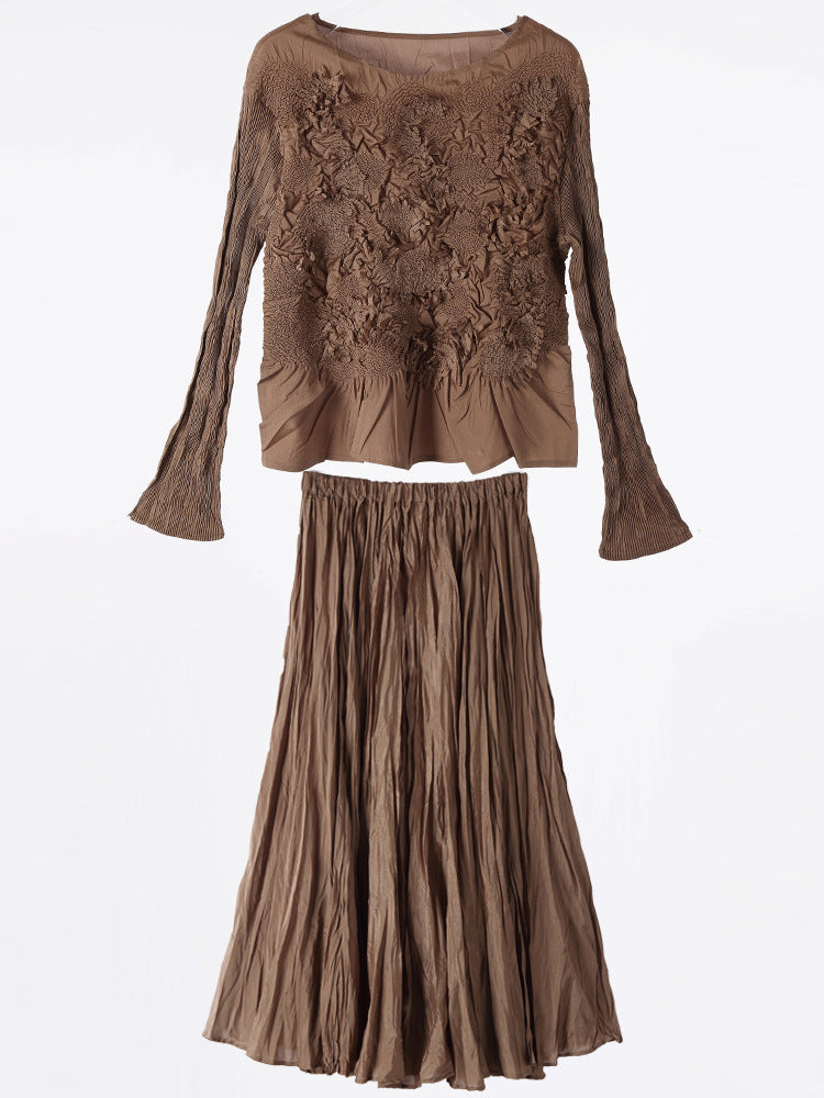 Solid Color Embroidered Long-sleeved Top Handmade Pleated Two-piece Overskirt Suit