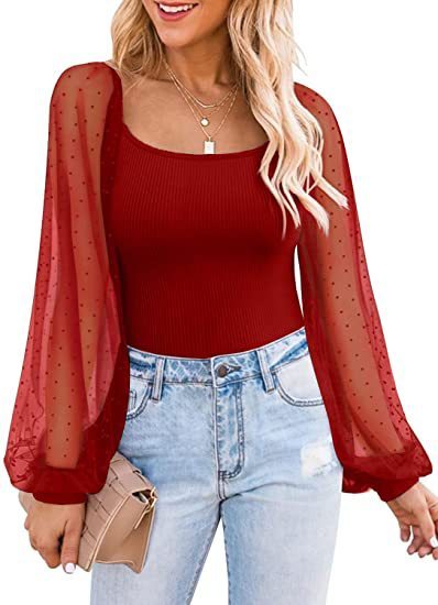 Women's Lantern Sleeve Stitching Slim Top