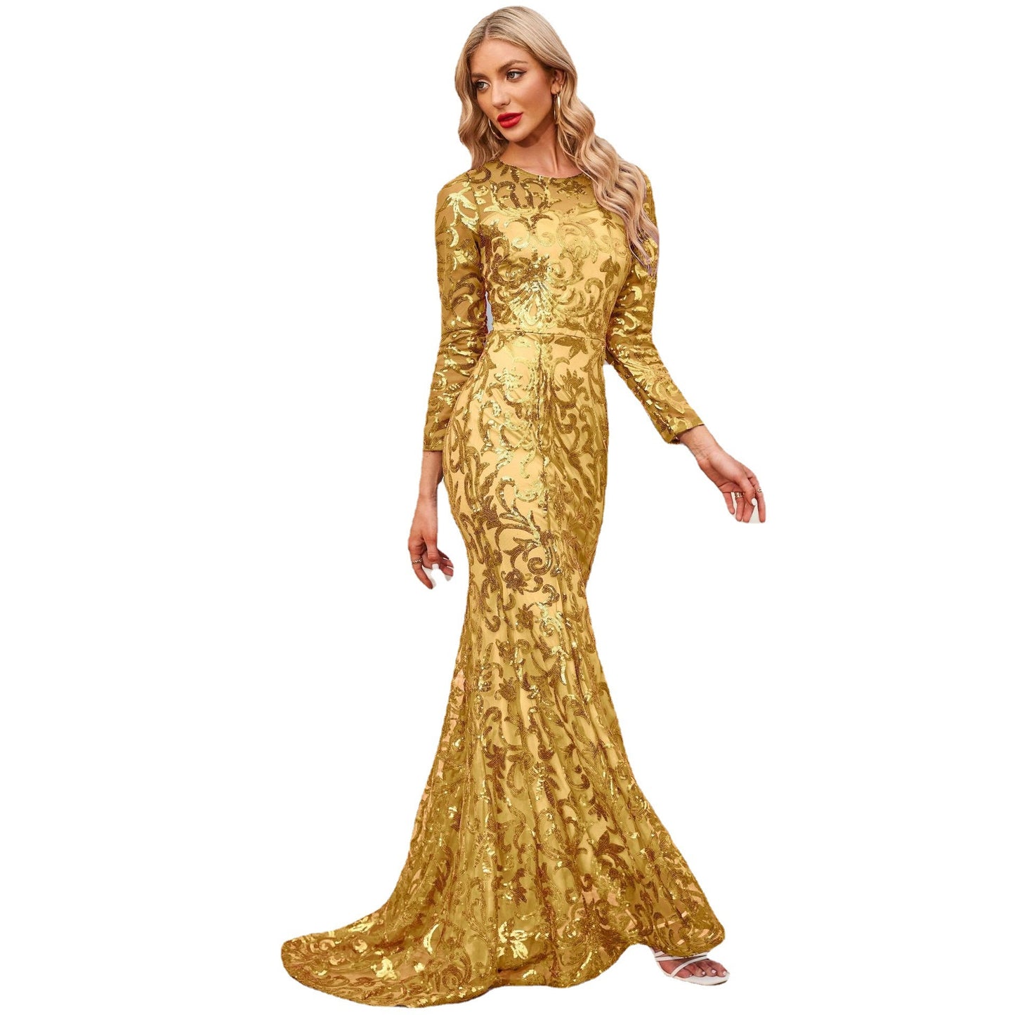 Robe de soirée longue violette à col rond