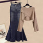 Autumn Elegant Women's All-matching Long Sleeve Top Fishtail Skirt Two-piece Suit