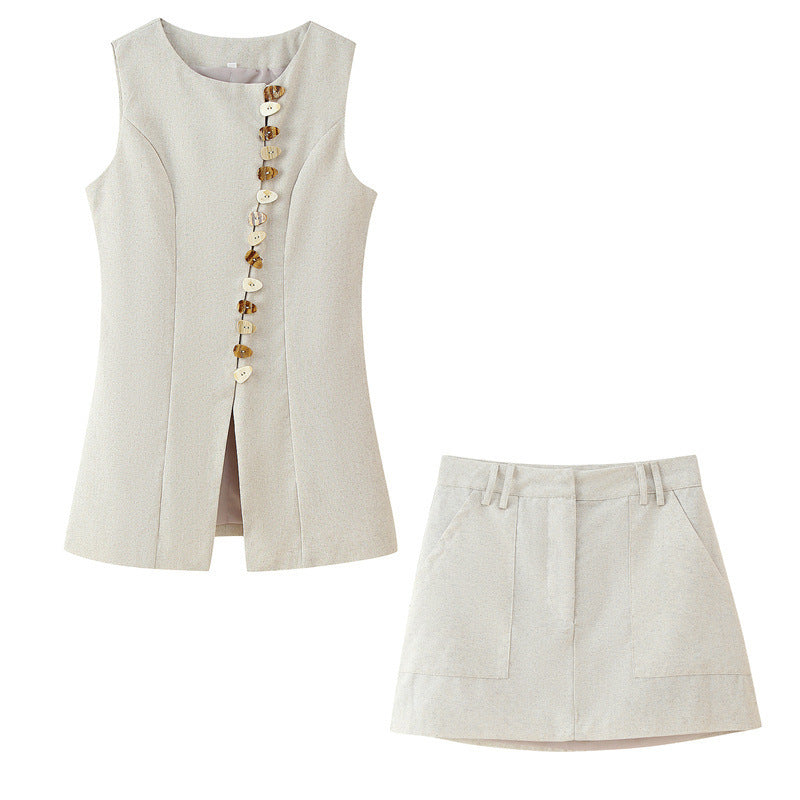 Round Neck Multi-breasted Vest Top Pocket Decoration High Waist Skirt