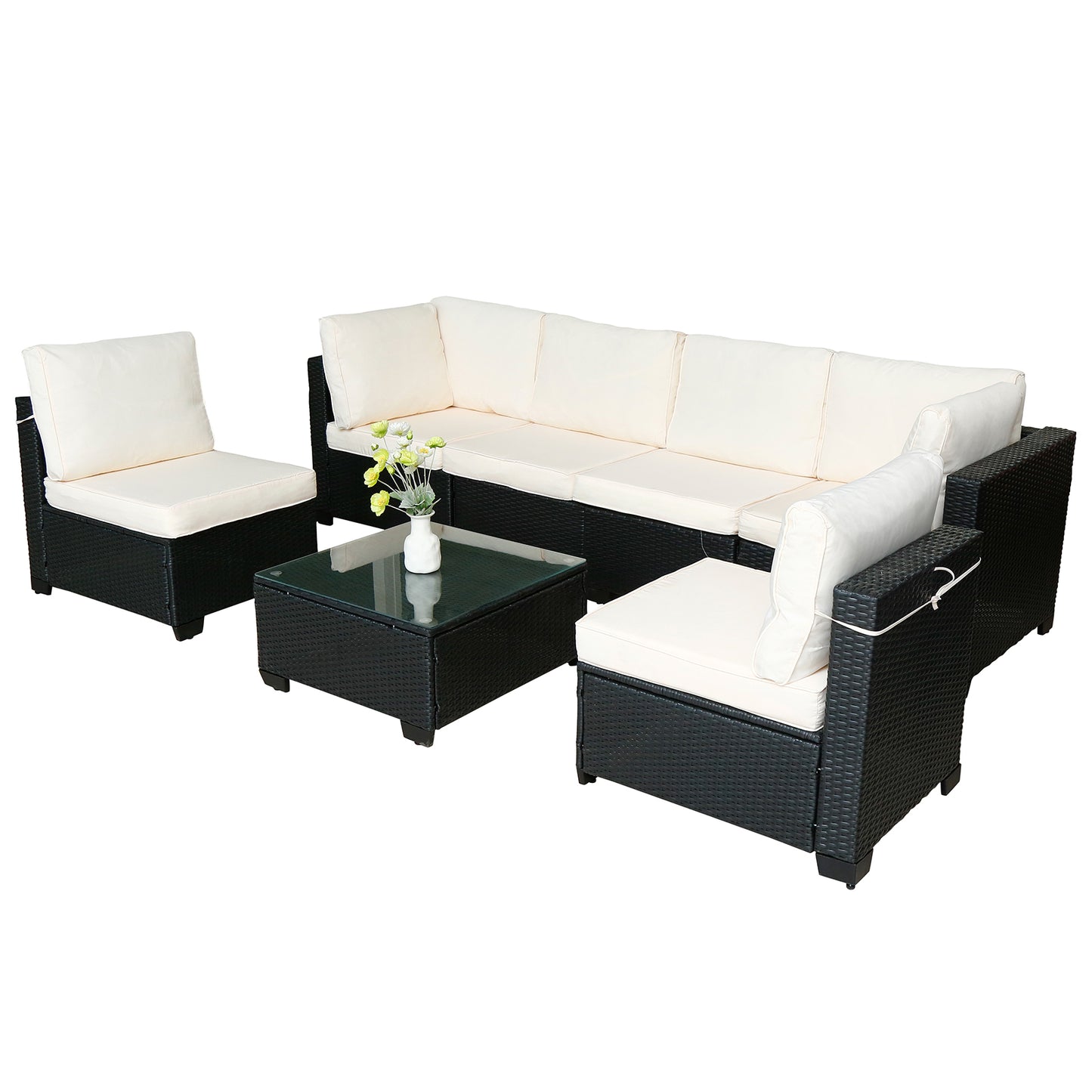 Selling Seven-Piece Sofa Set Table With Sofa Chair Black PE Rattan Outdoor New Design Furniture 7-JH002 Box 3-1-2-3 With White Color Cushion