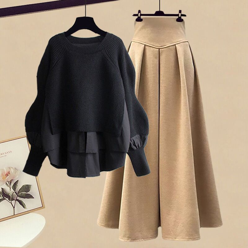 Women's Casual Fashion Fake Two-piece Top Slim Fit Skirt Two-piece Set