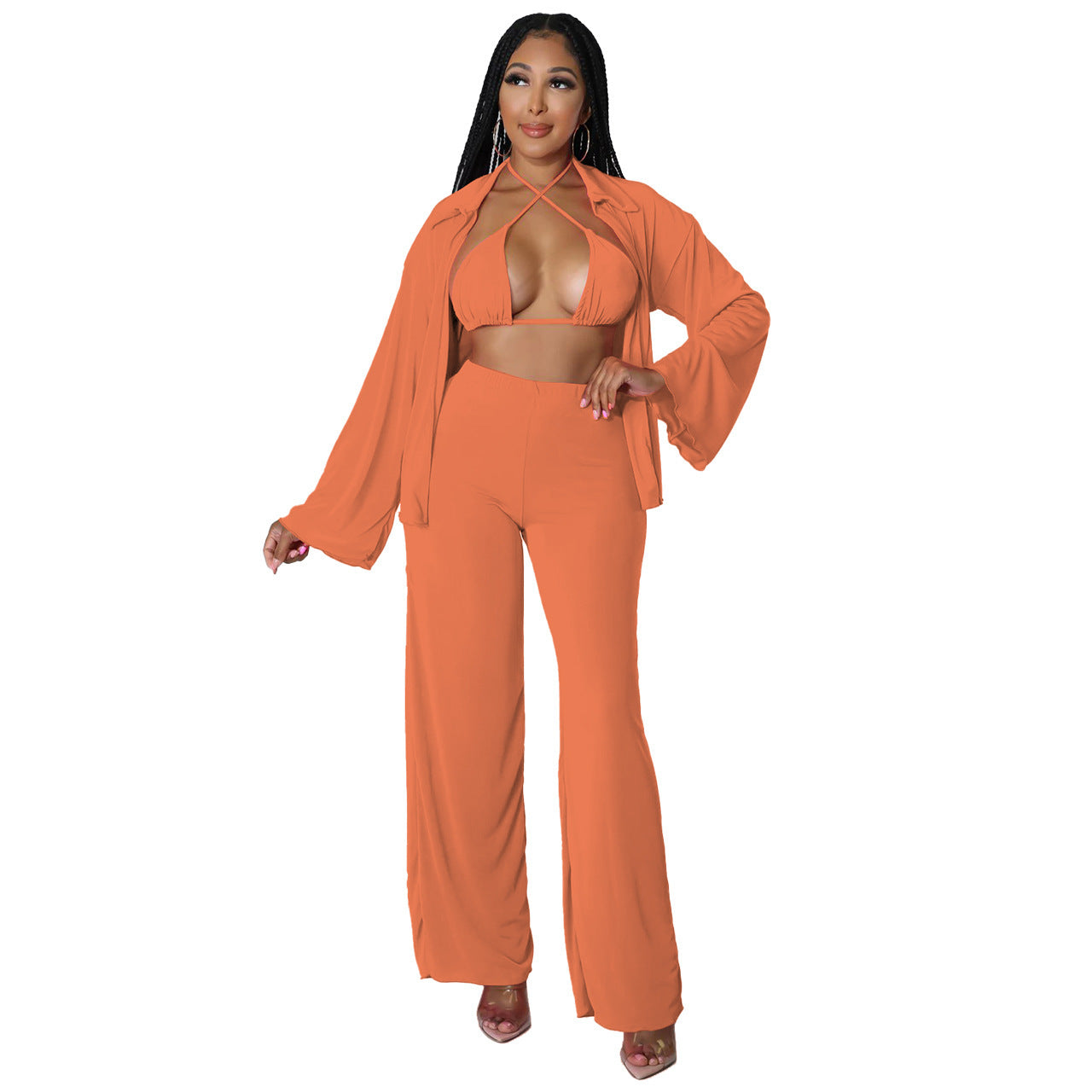 Ensemble bikini décontracté à manches longues et pantalon large pour femme