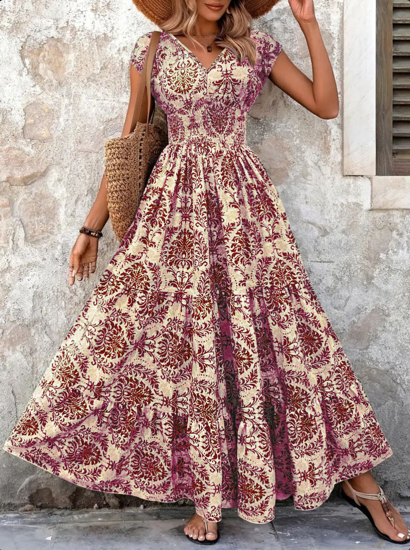 Stylish And Elegant V-neck Short-sleeve Vintage-print Dress
