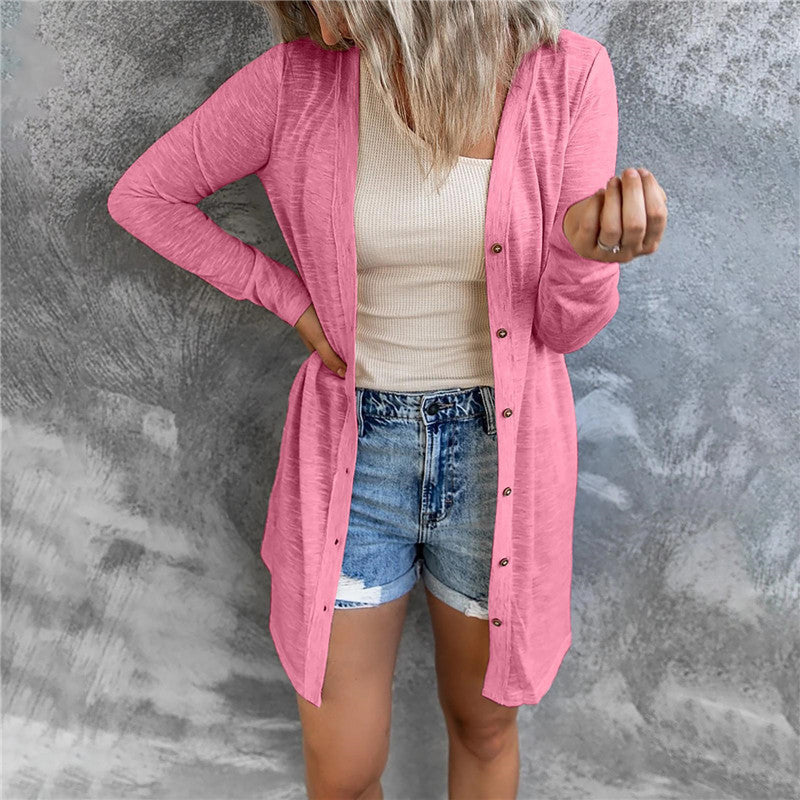 Long Button Solid Color Casual Long-sleeved Cardigan