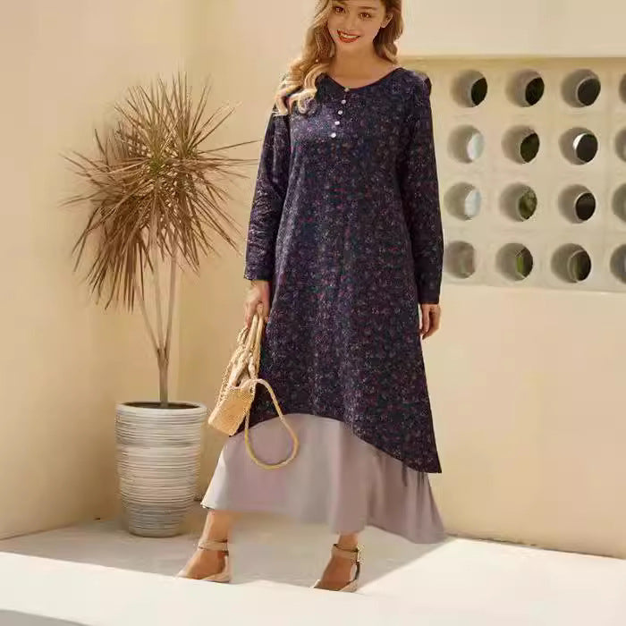 Long Sleeve Fake Two-piece Printed Dress