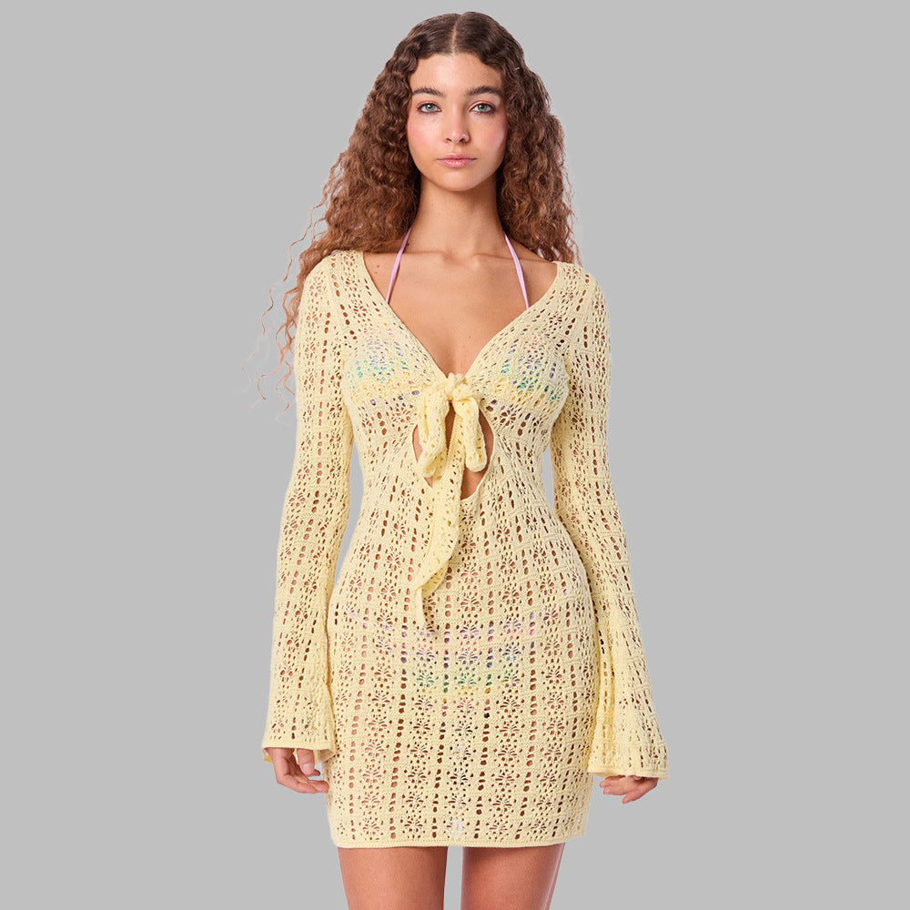 Hollow-out Side Strap Round Neck Backless Sun-proof Beach Women's Clothing Dress