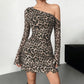 Off-Shoulder Sexy Backless Leopard-Print Long-Sleeve Dress