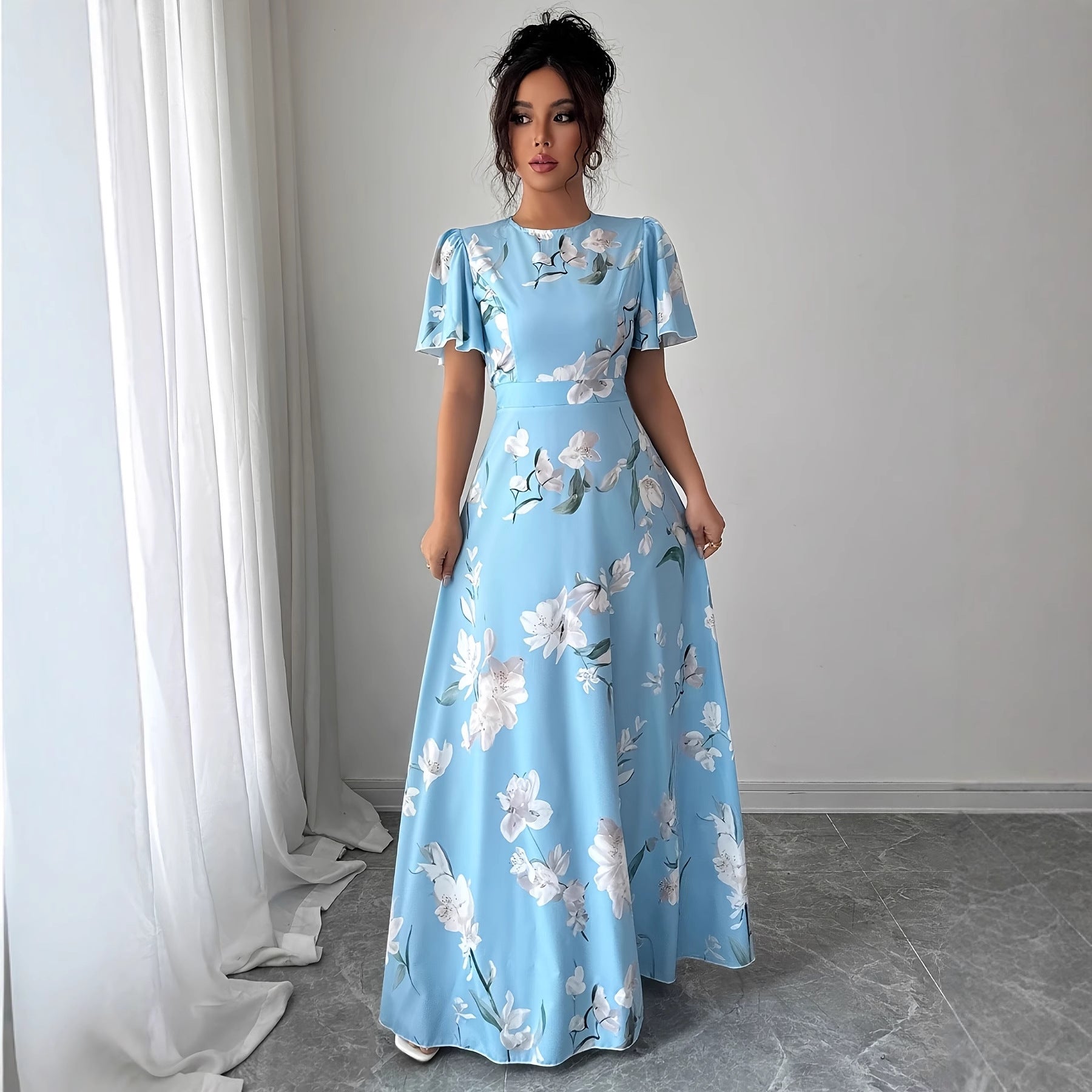 Floral Crew-neck Short-sleeve Waist-cinching Dress