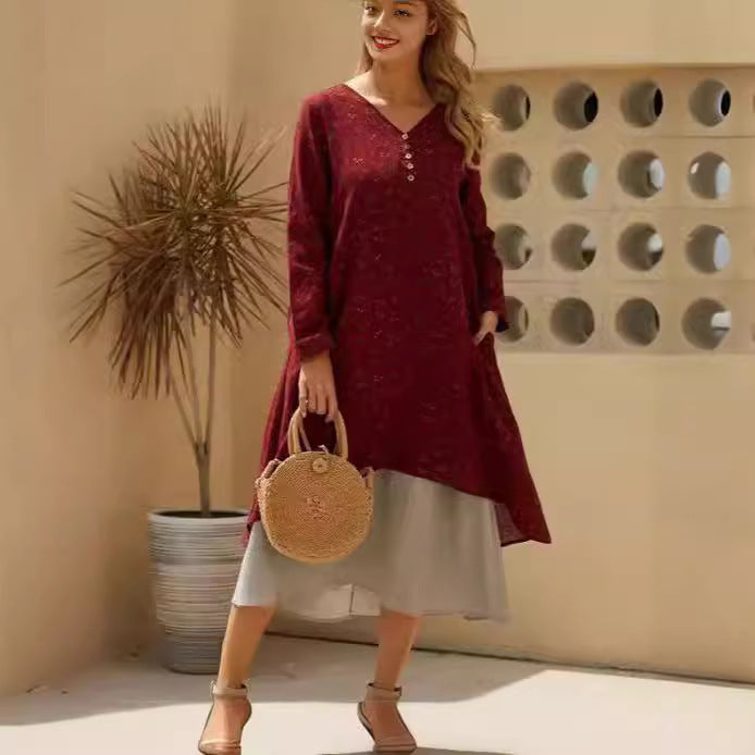 Long Sleeve Fake Two-piece Printed Dress