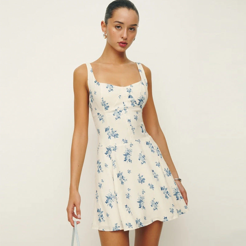 Printed Slip Dress With A Square Neckline And Open Back Featuring A Floral Pattern