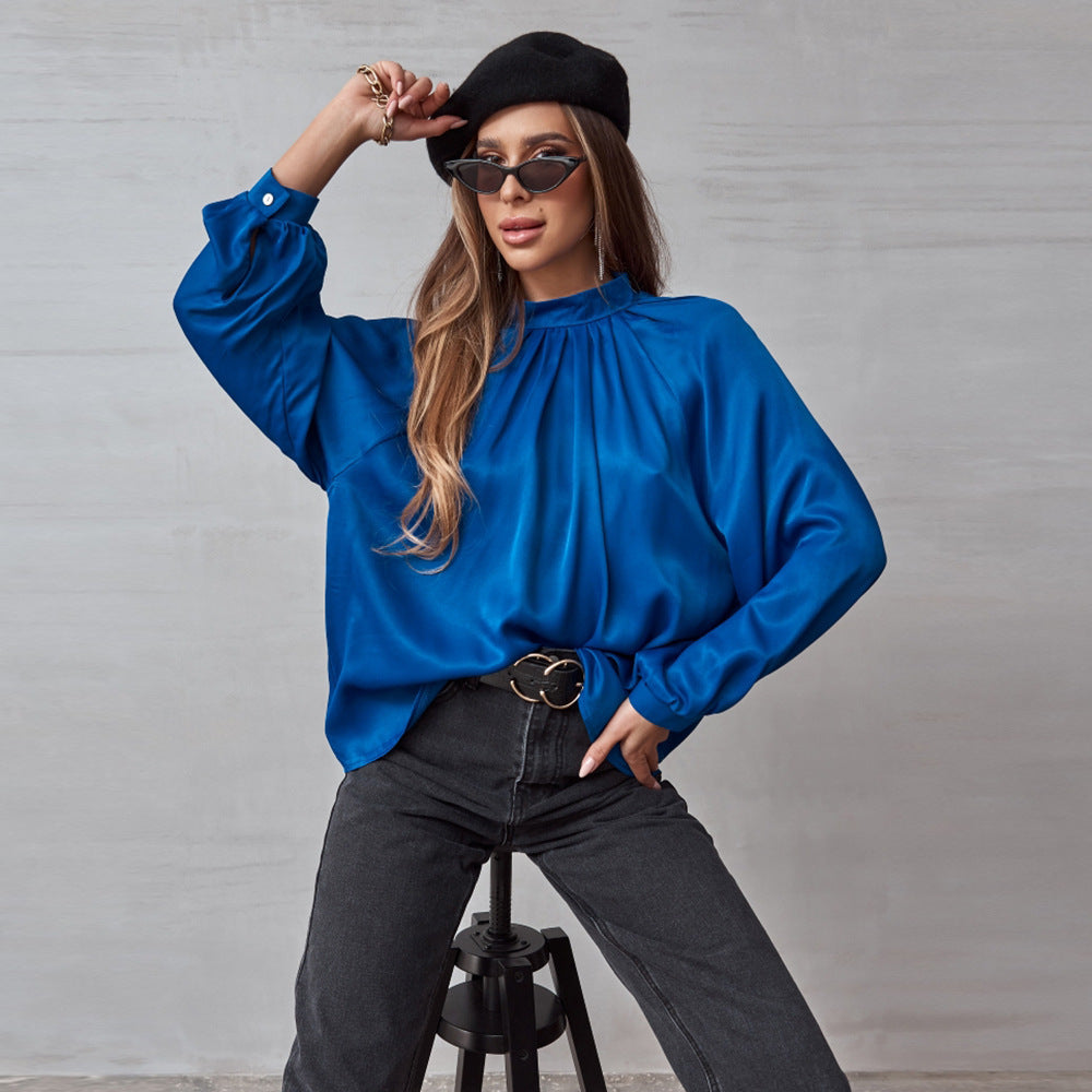Irregular Stand Collar Stitching Lantern Sleeve Shirt Top