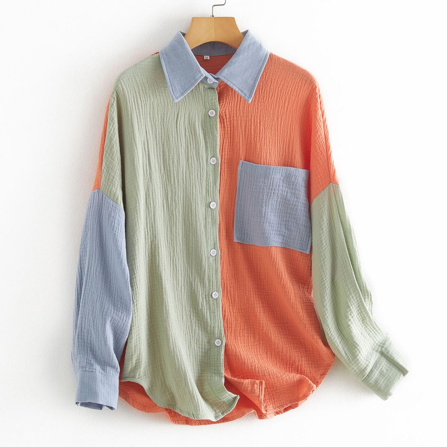 Women's Color Contrast Patchwork Drop-shoulder Long-sleeve Shirt