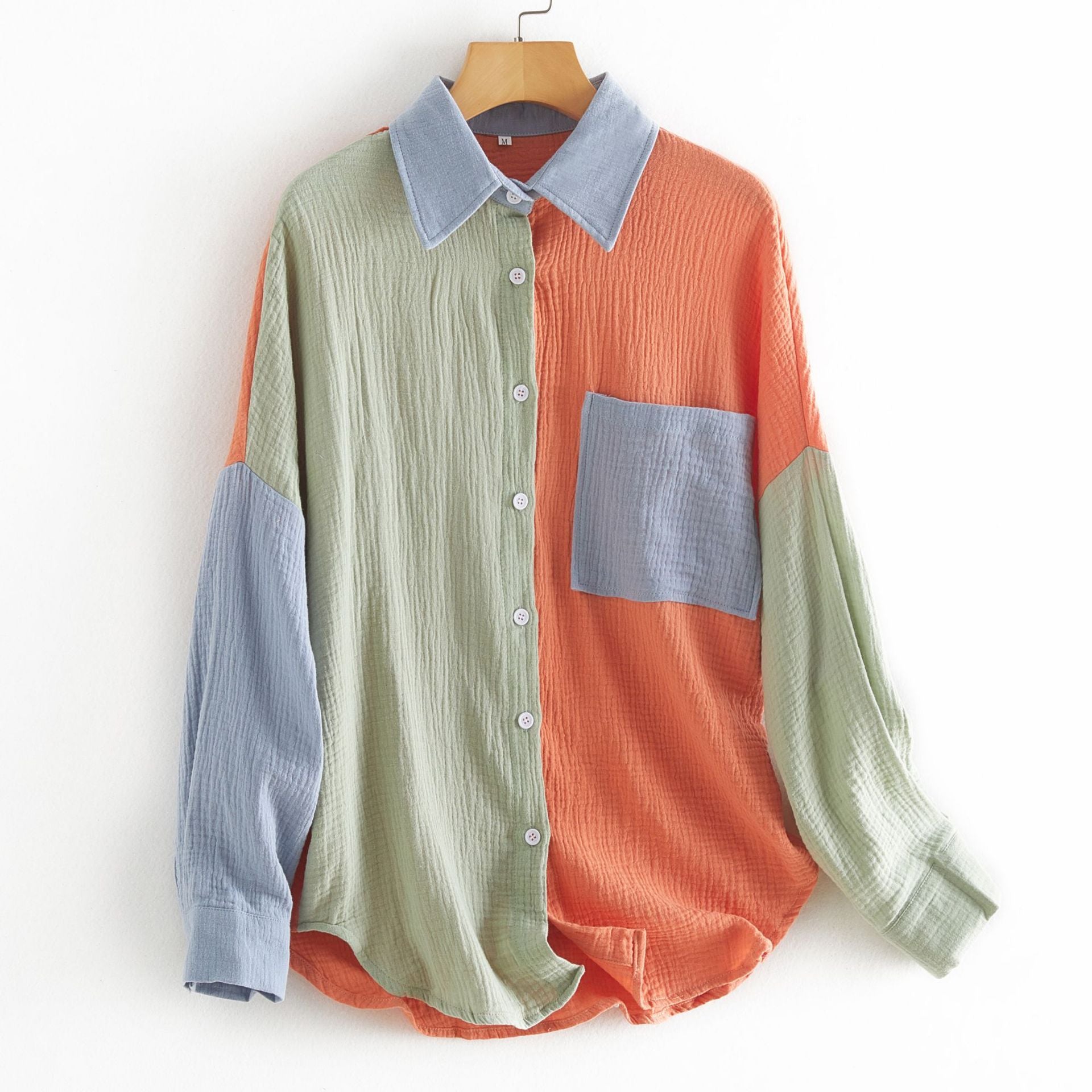 Women's Color Contrast Patchwork Drop-shoulder Long-sleeve Shirt